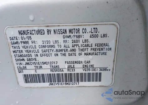 2005 Infiniti G35 z USA, uszkodzony, nr VIN JNKCV51E15M212717